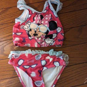 Minnie Mouse Sunglasses Disney 2-Piece Pink & Blue Swimsuit Polka Dots sz 4T